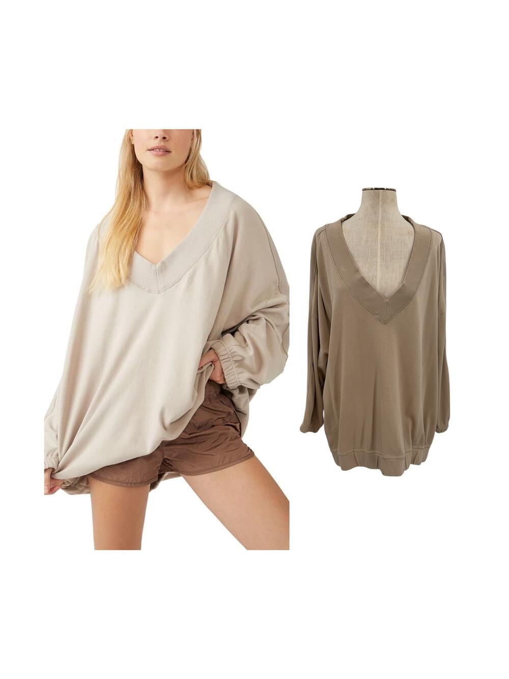 Free People Key Player Layer Sweatshirt Doe Oversized V Neck Tunic Top Medium